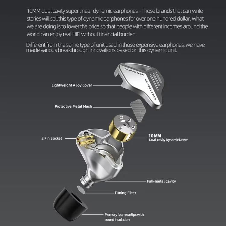 KZ-ZVX Dynamic In-Ear 1.2m Wired Earphones Deep Bass Hi-Fi Monitoring Earphones, Silver Standard, Silver With Mic, Black Standard, Black With Mic