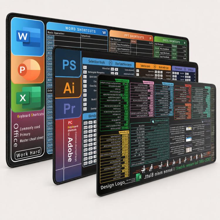 Large Shortcut Keys Mouse Pad Multi-Language Options Available Fray-Free Stitched Edges Keyboard Pad, 300x600x2mm, 300x600x3mm, 300x800x2mm, 300x800x3mm, 300x800x4mm, 400x800x2mm, 400x800x3mm, 400x900x2mm, 400x900x3mm
