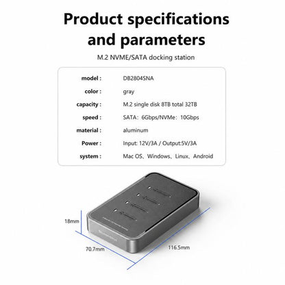 Blueendless DB2804SNA 4-Bay M.2 NVMe/SATA SSD Docking Station USB-C 10Gbps Aluminum SSD Case Supports Max 32TB, US Plug, UK Plug, EU Plug