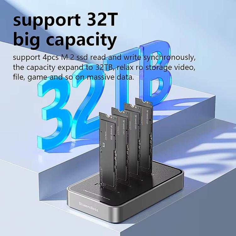 Blueendless DB2804SNA 4-Bay M.2 NVMe/SATA SSD Docking Station USB-C 10Gbps Aluminum SSD Case Supports Max 32TB, US Plug, UK Plug, EU Plug