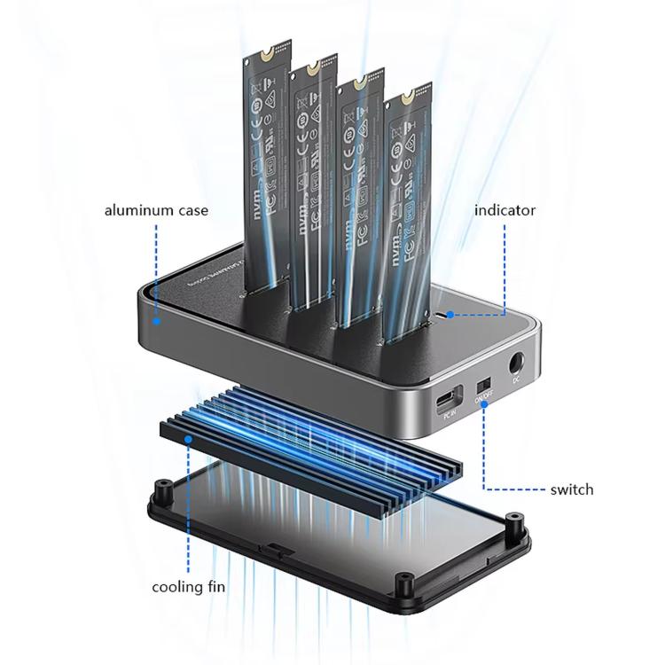 Blueendless DB2804SNA 4-Bay M.2 NVMe/SATA SSD Docking Station USB-C 10Gbps Aluminum SSD Case Supports Max 32TB, US Plug, UK Plug, EU Plug