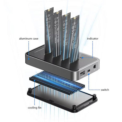 Blueendless DB2804SNA 4-Bay M.2 NVMe/SATA SSD Docking Station USB-C 10Gbps Aluminum SSD Case Supports Max 32TB, US Plug, UK Plug, EU Plug