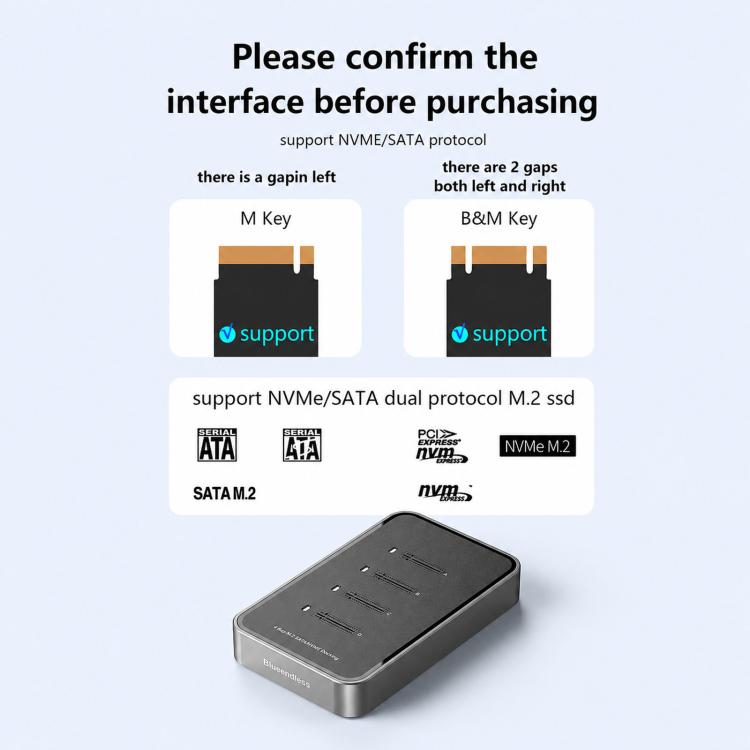 Blueendless DB2804SNA 4-Bay M.2 NVMe/SATA SSD Docking Station USB-C 10Gbps Aluminum SSD Case Supports Max 32TB, US Plug, UK Plug, EU Plug