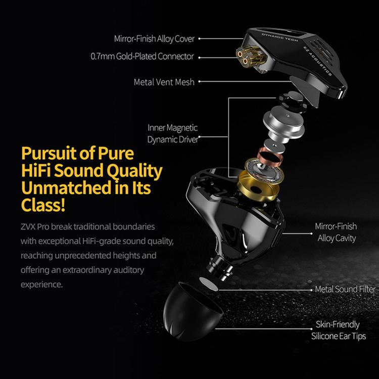 KZ ZVX PRO Dynamic In-Ear 1.2m Wired Earphones Deep Bass Hi-Fi Monitoring Earbuds, Standard, With Mic