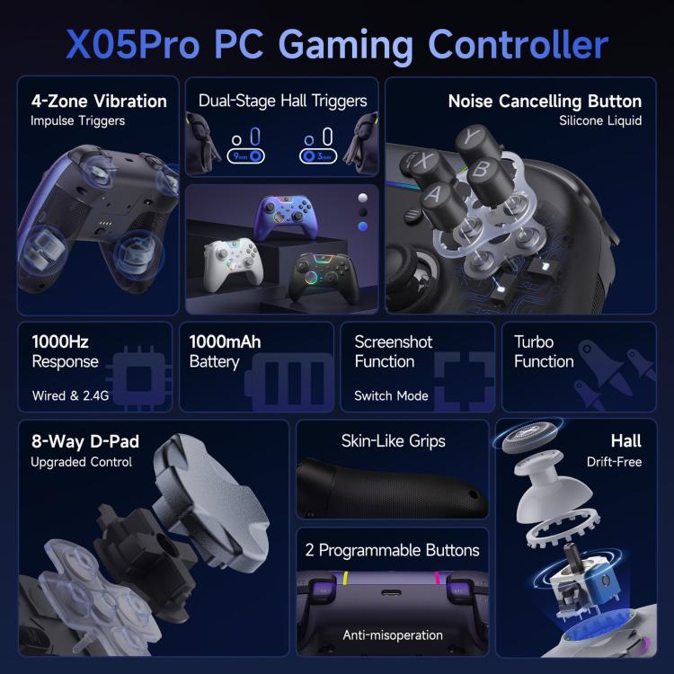 EasySMX X05Pro Wireless PC Gaming Controller Tri-Mode Hall Effect Gamepad with Dual-Stage Triggers & Silent Buttons for PC & Switch, Grey White, Black, White With Charging Dock, Black With Charging Dock