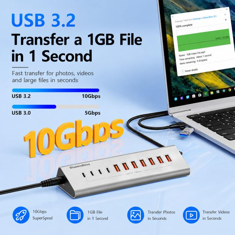 Blueendless TYPE-C Splitter 10Gbps Braided Cable Extension Hub, 15W USB3.2 x 4, 15W USB3.2 x 3+SD/TF3.0, 15W USB3.2 x 4+TYPE-C3.2 x 2+SD/TF3.0, 15W USB3.2 x 4+TYPE-C3.2 x 3, 36W USB3.2 x 7+TYPE-C3.2 x 3