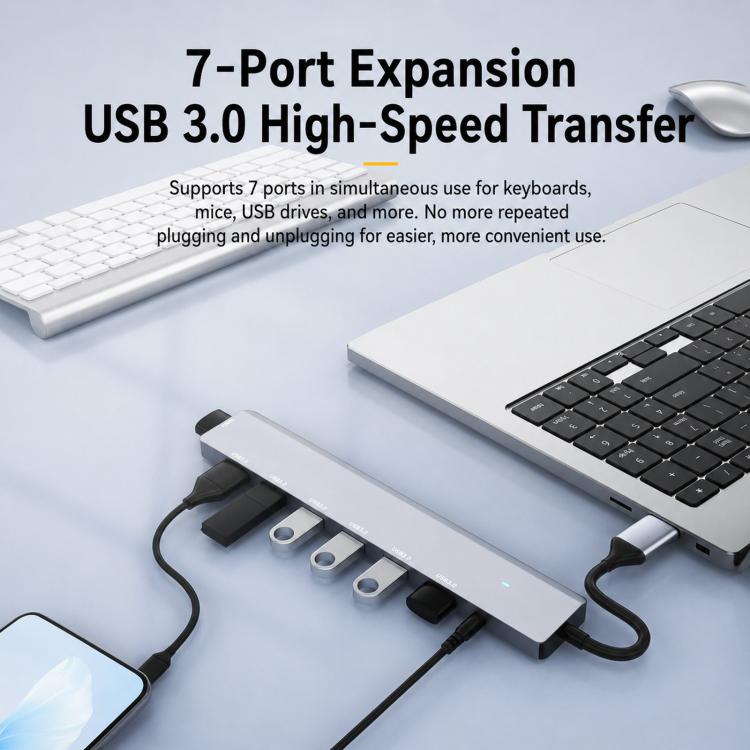 USB 3.0 Hub High Speed 7-Port Expander Aluminum Alloy Splitter With Independent DC 3.5mm Power Supply, ADS-313A