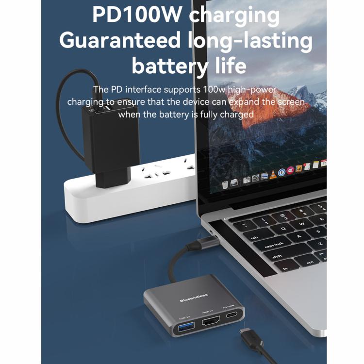 Blueendless 3 In 1 Type-C Docking Station To HDMI 4K/60Hz Laptop USB 3.0 Converter, 3 in 1
