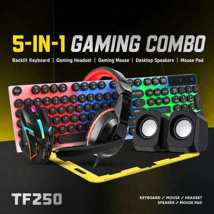 T-WOLF 5-In-1 PC Gaming Bundle Included Backlit Keyboard, Wired Mouse, Headset, Speakers And Mouse Pad