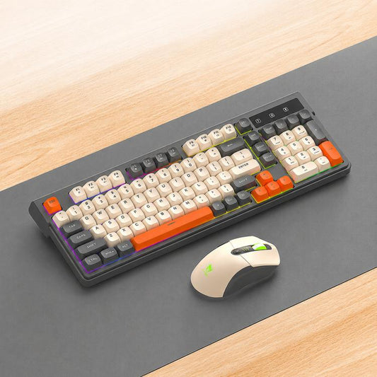 T-WOLF TF300 Rechargeable Wireless Keyboard and Mouse Combo 2.4G/Bluetooth Dual Mode 98-Key Compact Keyboard with Mixed-Color Backlit