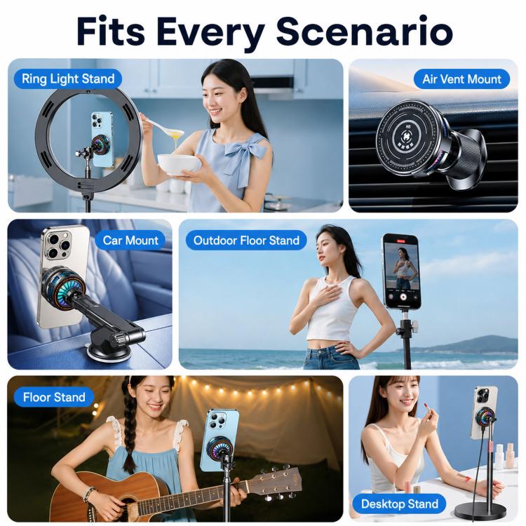 17mm Ball Joint Magnetic Phone Cooler 3-Speed Semiconductor Cooling Fan, H8A Cooler Only, with Air Vent Clip C50, with Telescopic Suction Mount C12, with Desktop Live Stand A124, with Floor Tripod KP002, with Air Vent Hook C49