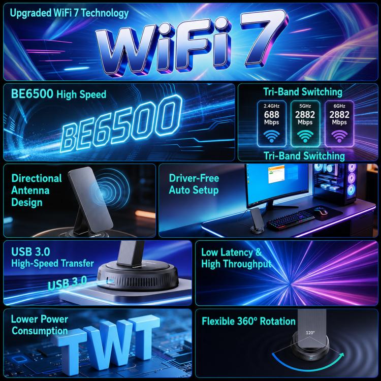 COMFAST CF-986BE PRO BE6500 WiFi 7 USB Adapter Tri-Band 6452Mbps Wireless Network Card, CF-986BE PRO