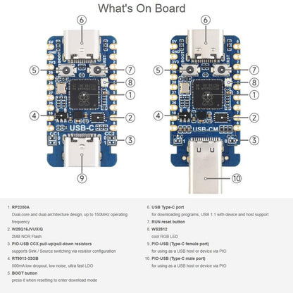 Waveshare RP2350-USB-C Microcontroller Development Board Dual-Core & Dual-Architecture, With PIO-USB Female Port, With PIO-USB Male Port