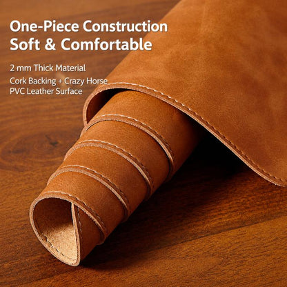 Crazy Horse Leather And Cork Desk Pad Stitched Edge Desk Mat With Matching Strap, 60x30cm, 70x35cm, 80x40cm, 90x45cm, 100x50cm, 120x60cm