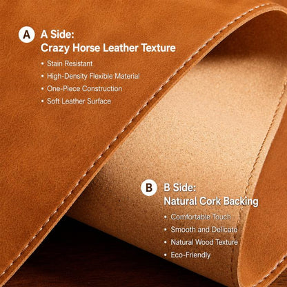 Crazy Horse Leather And Cork Desk Pad Stitched Edge Desk Mat With Matching Strap, 60x30cm, 70x35cm, 80x40cm, 90x45cm, 100x50cm, 120x60cm