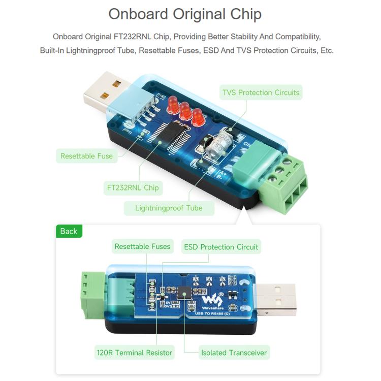 Waveshare 34620 USB To RS485 C Industrial Grade Isolated Bidirectional Converter, 34620