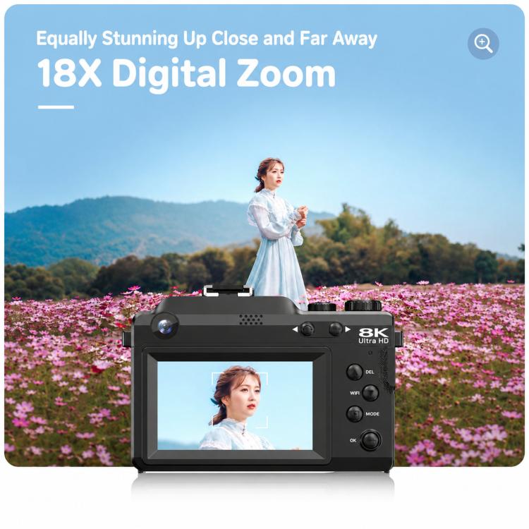 18X Zoom 8K Digital Camera for Vlogging with WiFi Dual Lens 80MP Autofocus Camera for Teens Students