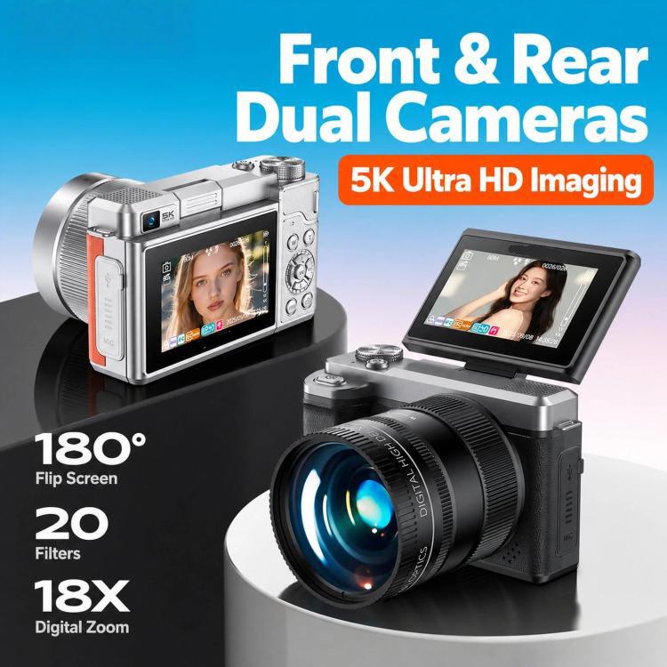 5K 18X Zoom Vlogging Camera With 180-Degree Flip Screen Dual Lens 80MP Digital Camera 32GB Card