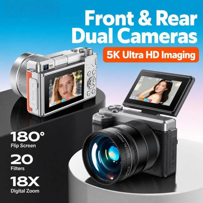 5K 18X Zoom Vlogging Camera With 180-Degree Flip Screen Dual Lens 80MP Digital Camera 32GB Card