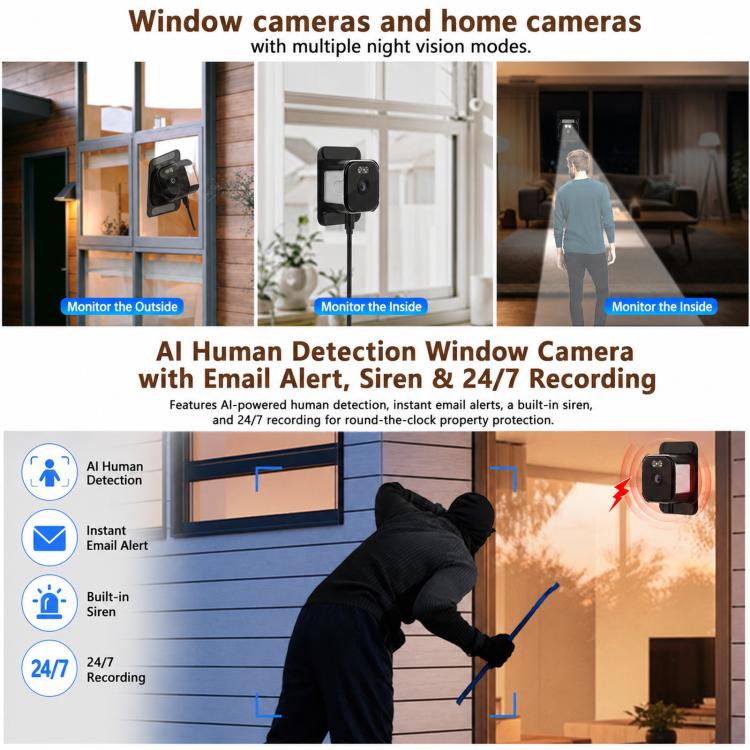 2K HD Smart Dual Bracket Window Camera WiFi Punch-Free Home Security Camera