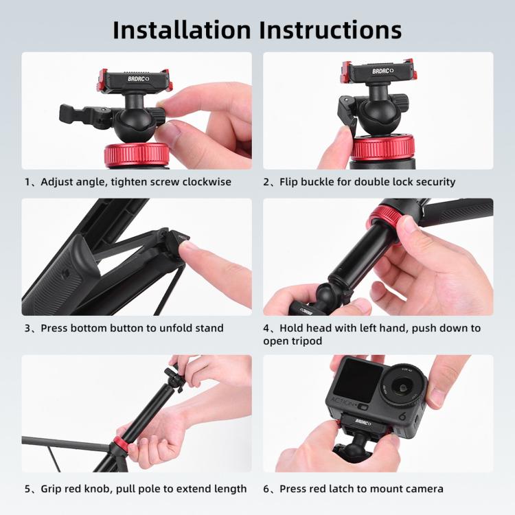 BRDRC 1.6m Ball Head Quick-release Tripod Extension Selfie Stick, For DJI Osmo Action 6 / Nano, For DJI Osmo Action 3 / 4 / 5 Pro