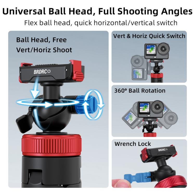 BRDRC 1.6m Ball Head Quick-release Tripod Extension Selfie Stick, For DJI Osmo Action 6 / Nano, For DJI Osmo Action 3 / 4 / 5 Pro