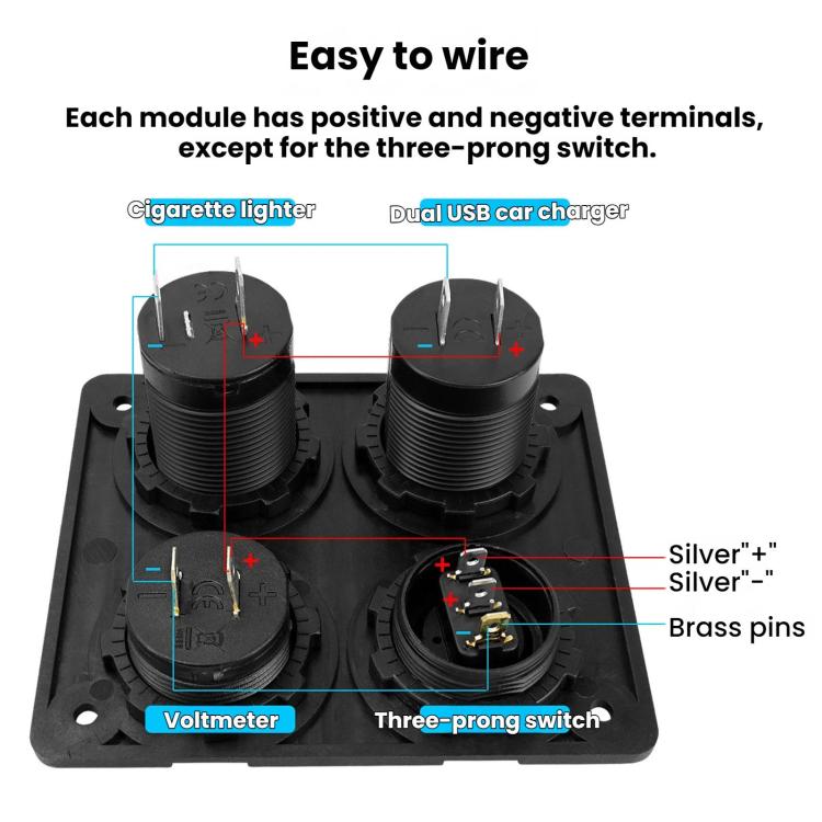 Cigarette Lighter Voltmeter 4.2A Dual USB Car Four-hole Panel Switch, Blue Wireless, Green Wireless, Red Wireless, Blue Wired, Green Wired, Red Wired