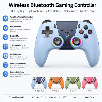 For PS5 Wireless Controller Bluetooth Gamepad With RGB Light, Hall Effect Joy, Back Macro Button