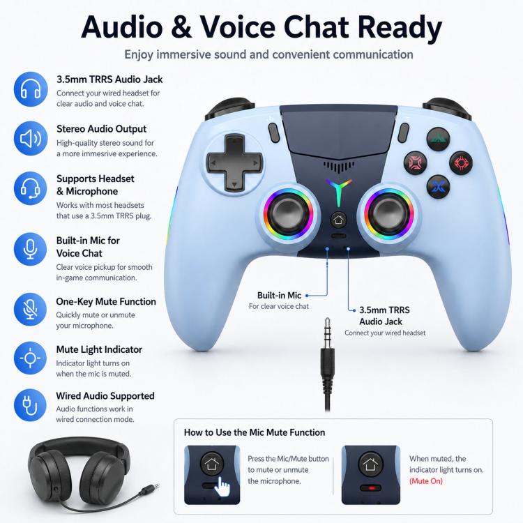For PS5 Wireless Controller Bluetooth Gamepad With RGB Light, Hall Effect Joy, Back Macro Button