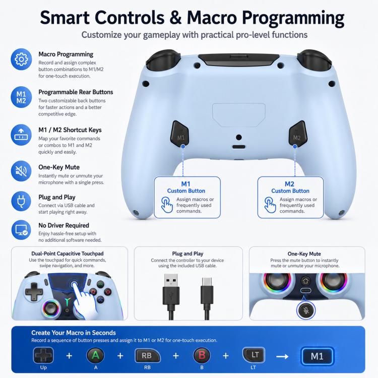For PS5 Wireless Controller Bluetooth Gamepad With RGB Light, Hall Effect Joy, Back Macro Button