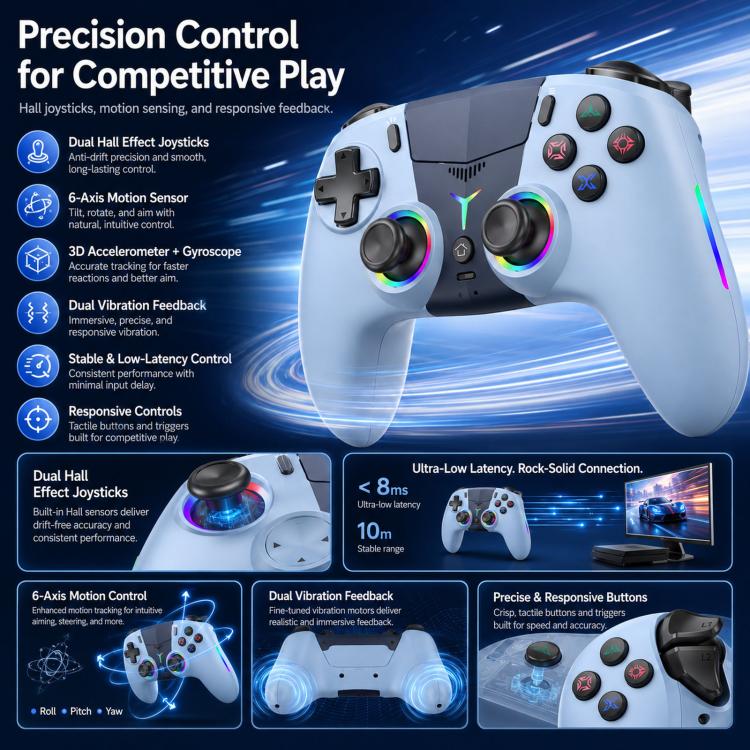 For PS5 Wireless Controller Bluetooth Gamepad With RGB Light, Hall Effect Joy, Back Macro Button