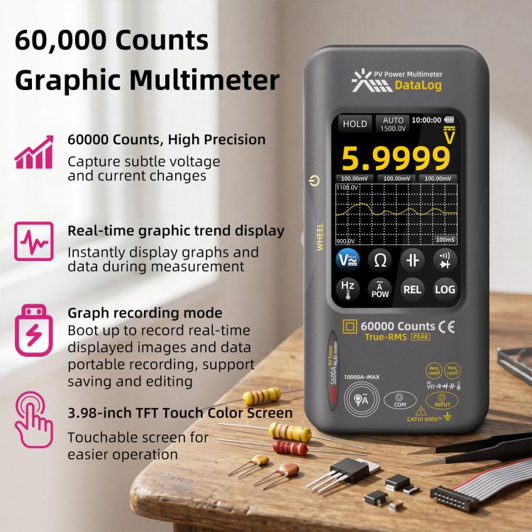 BSIDE S600A 60000 Counts Touchscreen Graphic Multimeter True-RMS PV Solar Tester Data Logger, Standard, Standard+TP02 Flexible Current Clamp