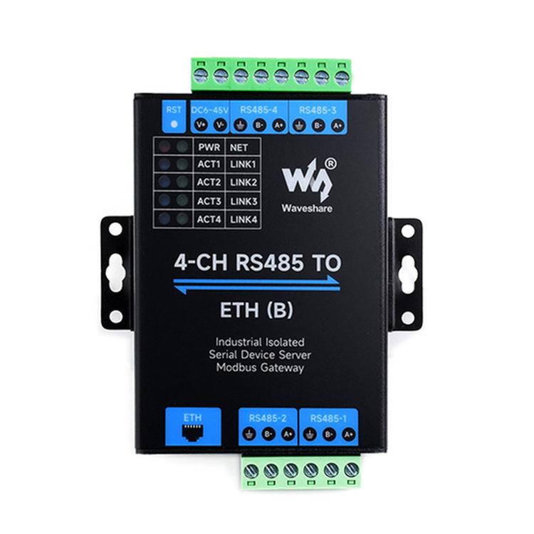 WAVESHARE 4-Ch RS485 To RJ45 Ethernet Serial Server, 4 Channels RS485 Independent Operation, Rail-mount Industrial Isolated Serial Module, Common Network Port, PoE Ethernet Port