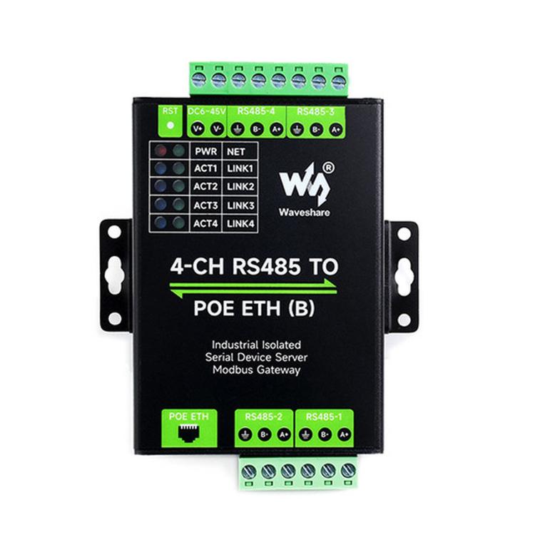 WAVESHARE 4-Ch RS485 To RJ45 Ethernet Serial Server, 4 Channels RS485 Independent Operation, Rail-mount Industrial Isolated Serial Module, Common Network Port, PoE Ethernet Port