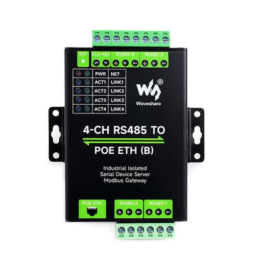 WAVESHARE 4-Ch RS485 To RJ45 Ethernet Serial Server, 4 Channels RS485 Independent Operation, Rail-mount Industrial Isolated Serial Module, Common Network Port, PoE Ethernet Port