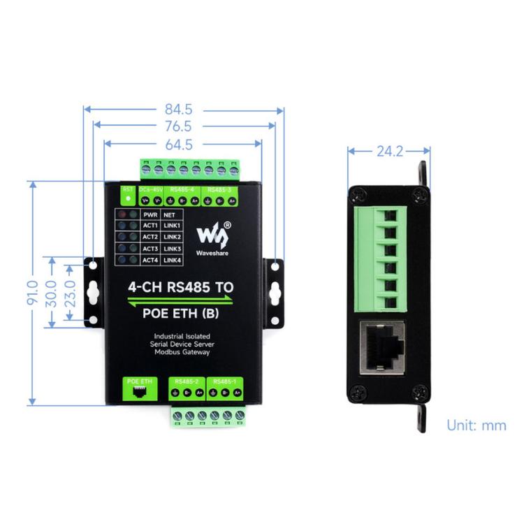 WAVESHARE 4-Ch RS485 To RJ45 Ethernet Serial Server, 4 Channels RS485 Independent Operation, Rail-mount Industrial Isolated Serial Module, Common Network Port, PoE Ethernet Port