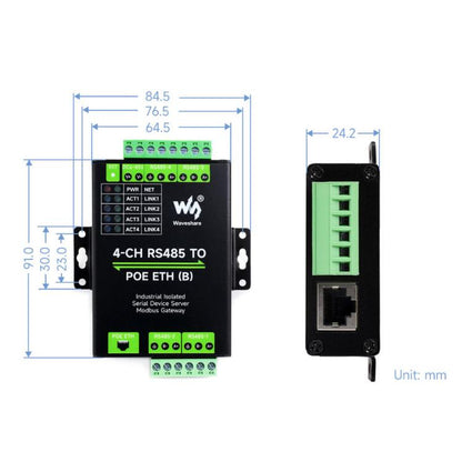 WAVESHARE 4-Ch RS485 To RJ45 Ethernet Serial Server, 4 Channels RS485 Independent Operation, Rail-mount Industrial Isolated Serial Module, Common Network Port, PoE Ethernet Port