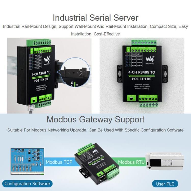 WAVESHARE 4-Ch RS485 To RJ45 Ethernet Serial Server, 4 Channels RS485 Independent Operation, Rail-mount Industrial Isolated Serial Module, Common Network Port, PoE Ethernet Port
