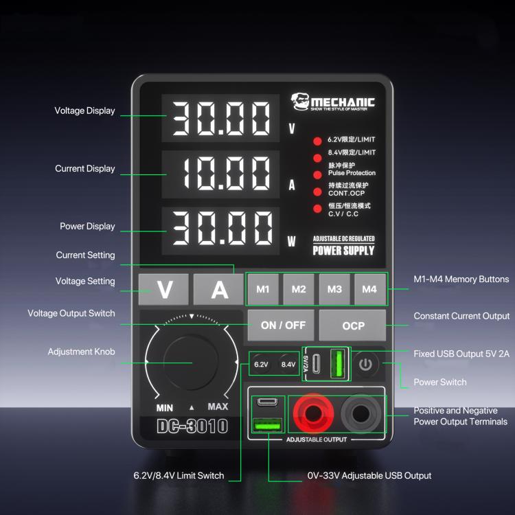 Adjustable DC Regulated Power Supply High Precision Fine-Tuning Voltage Limiting Power Source, MECHANIC DC-3006 US Plug, MECHANIC DC-3006 EU Plug, MECHANIC DC-3010 US Plug, MECHANIC DC-3010 EU Plug