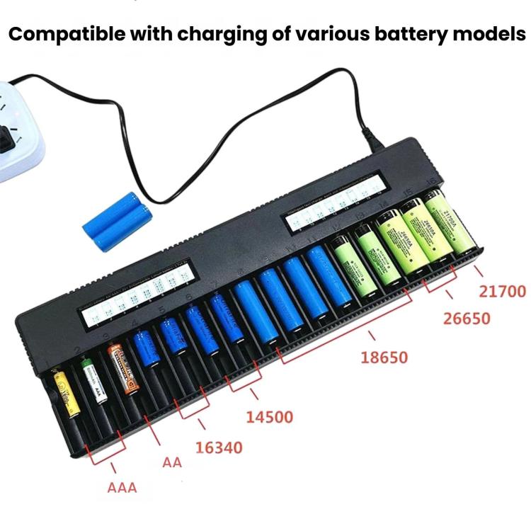 HD-5885 16-Slot Multifunctional LCD Lithium Battery Charger For 26650 / 21700 / 18650 Batteries, US Plug, EU Plug