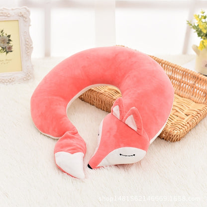 Joli oreiller de voyage en coton peluche en forme de U motif renard pour voiture, avion, 30x30x8cm