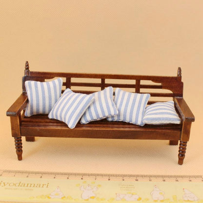 Mini Doll House Furniture Wooden Bench with Pillows, Wooden Bench
