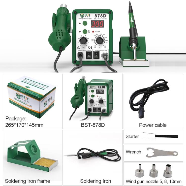 BEST BST-878D Adjustable Temperature Hot Air Gun with Electric Soldering Iron Rework Station, UK Plug, BST-878D UK Plug