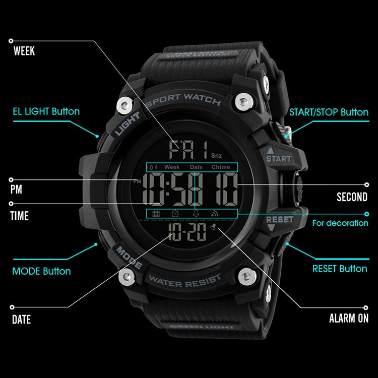 SKMEI 1384 Montre numérique à LED multifonctionnelle étanche et noctilucente pour homme, style décontracté, pour l'extérieur