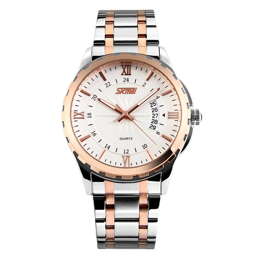 SKMEI 9069 Montre-bracelet à quartz multifonctionnelle d'extérieur, mode, affaires, étanche, boîtier or, intervalle