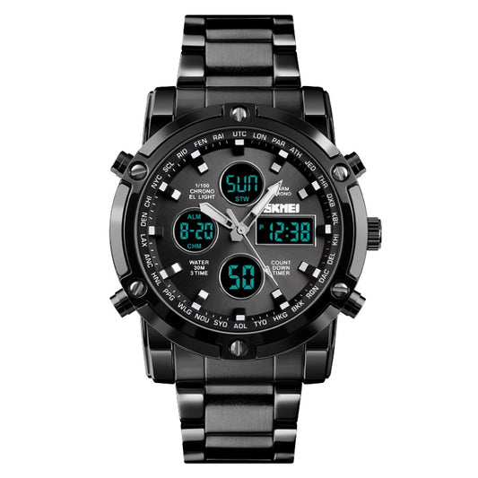 SKMEI 1389 Multifunctional Men Business Digital Watch 30m Waterproof Large Dial Wrist Watch with Stainless Steel Watchband , 1389 Black, 1389 Blue, 1389 Silver