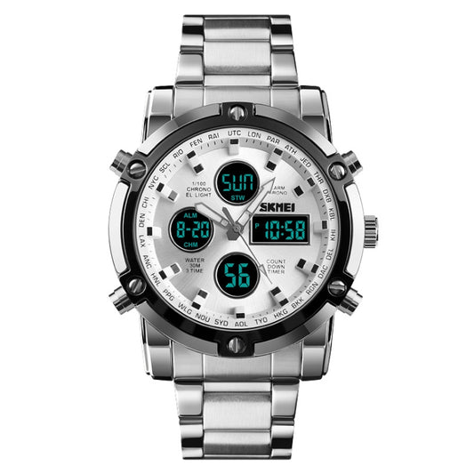 SKMEI 1389 Multifunctional Men Business Digital Watch 30m Waterproof Large Dial Wrist Watch with Stainless Steel Watchband , 1389 Silver, 1389 Black, 1389 Blue