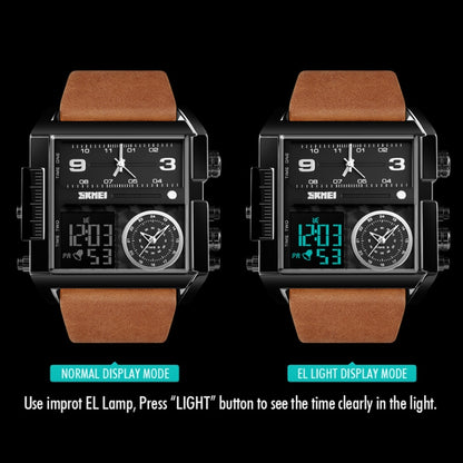 SKMEI 1391 Multifunctional Men Business Digital Watch 30m Waterproof Square Dial Wrist Watch with Leather Watchband