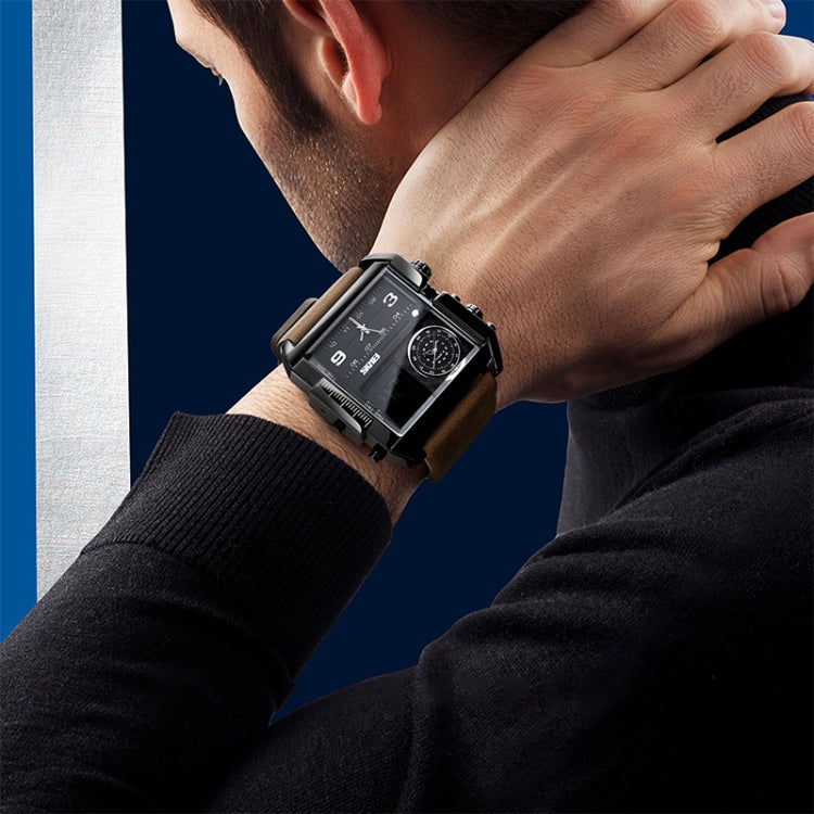 SKMEI 1391 Multifunctional Men Business Digital Watch 30m Waterproof Square Dial Wrist Watch with Leather Watchband