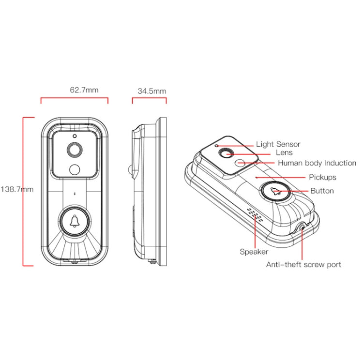 Sonnette vidéo intelligente WiFi Anytek B60 720P, prend en charge l'application à distance et la détection PIR et la carte TF